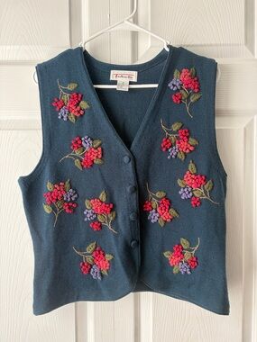 Talbots Teal Embroidered Floral Button-Front Vest